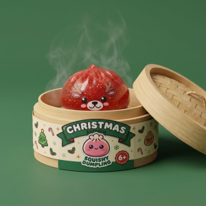 Squishy Dumpling Renna Rossa Glitter nel suo cestino di bambù per vapore