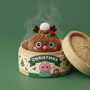 Dumpling Squishy Renna di Natale nel suo cestino di bambù per vapore
