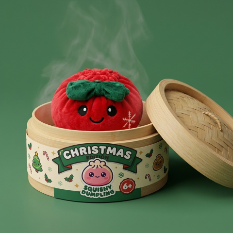 Squishy Dumpling Fiocco Festivo Rosso Natale nel suo cestino di bambù per vapore