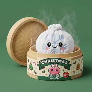 Dumpling Squishy Snowflake Inverno nel suo cestino di bambù per vapore