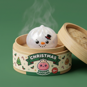 Pupazzo di Neve Dumpling Squishy Glitter nel suo cestino di bambù per vapore