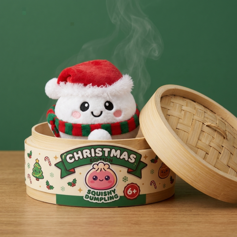 Squishy Dumpling Snowman Coccoloso nel suo cestino di bambù per vapore