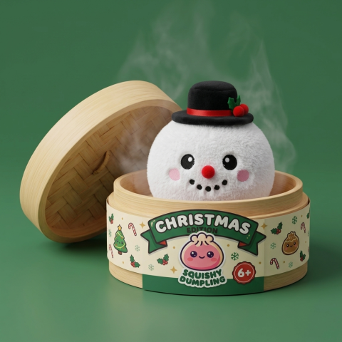 Squishy Dumpling Pupazzo di Neve con Cilindro nel suo cestino di bambù per vapore