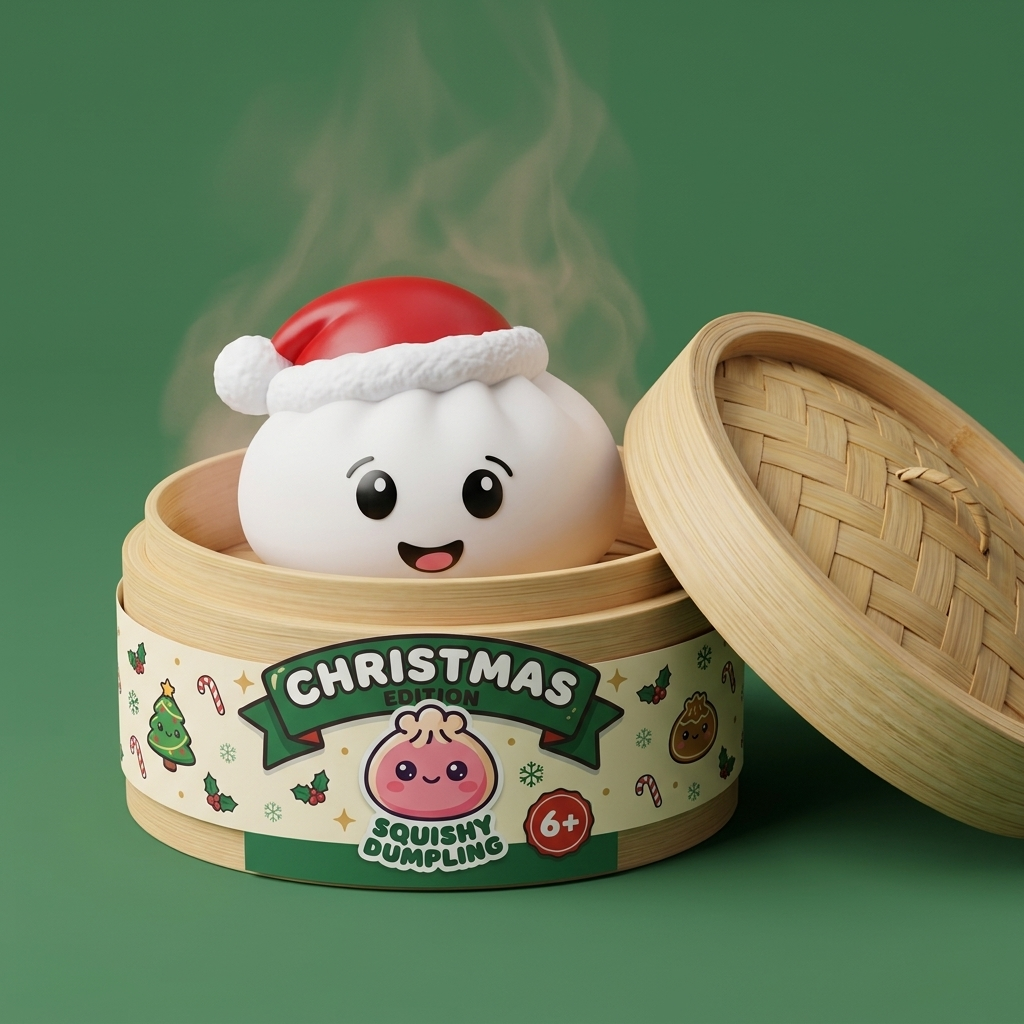 Squishy Dumpling Cappello di Natale Bianco nel suo cestino di bambù per vapore