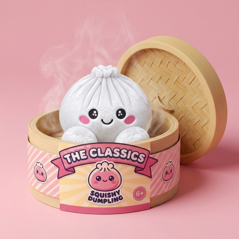 Squishy Dumpling Marshmallow Bianco Peluche nel suo cestino di bambù per vapore