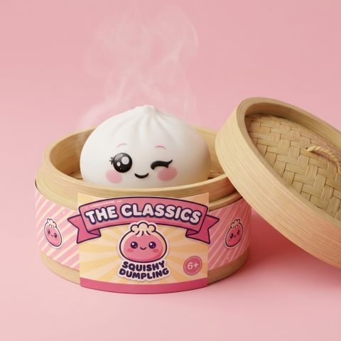 Dumpling Squishy Bianco Occhiolino nel suo cestino di bambù per vapore